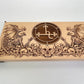 Close up of Sigil of Lilith engraving on wooden ritual altar board
