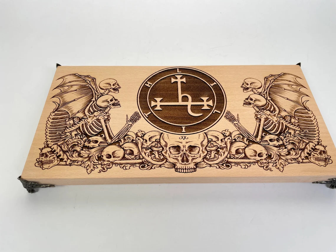 Close up of Sigil of Lilith engraving on wooden ritual altar board
