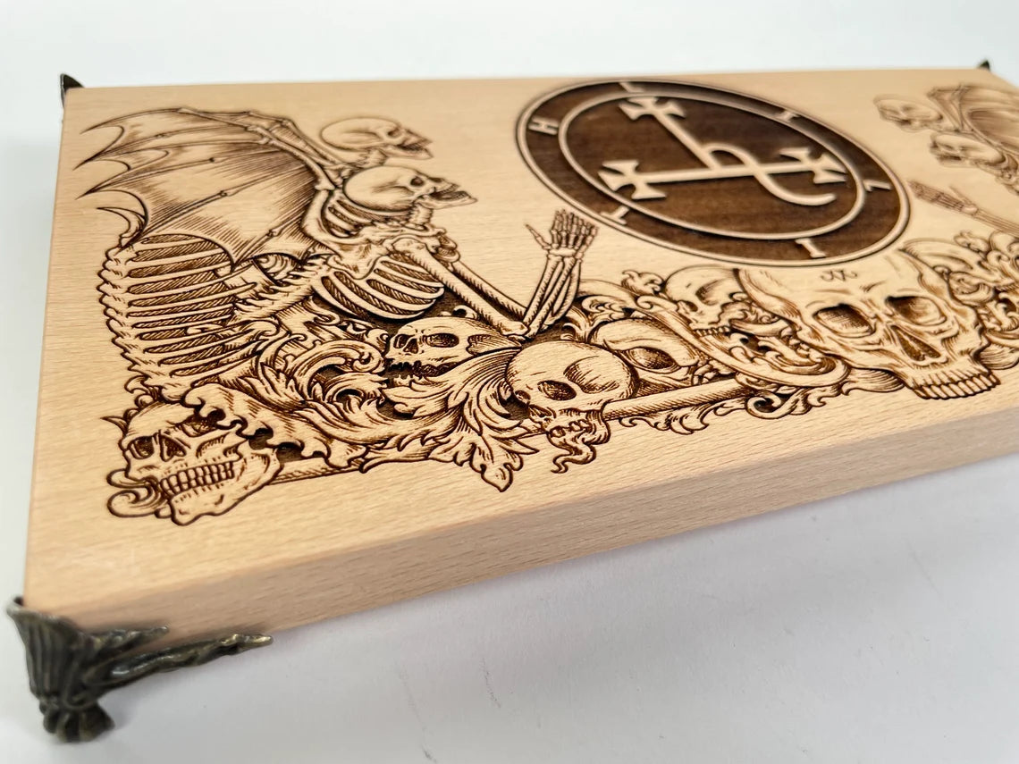 Wooden Lilith altar board showing engraved sigil for offerings and occult ritual work
