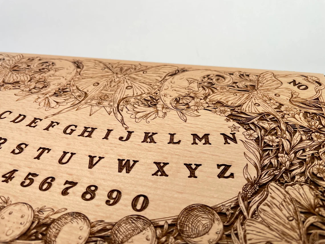 Ouija board wooden box engraved spirit board wiccan with flowers tarot storage for multiple decks, Luna moth and moon phases, Luna moth pagan board, multiple decks tarot box - Forgotten Engravings