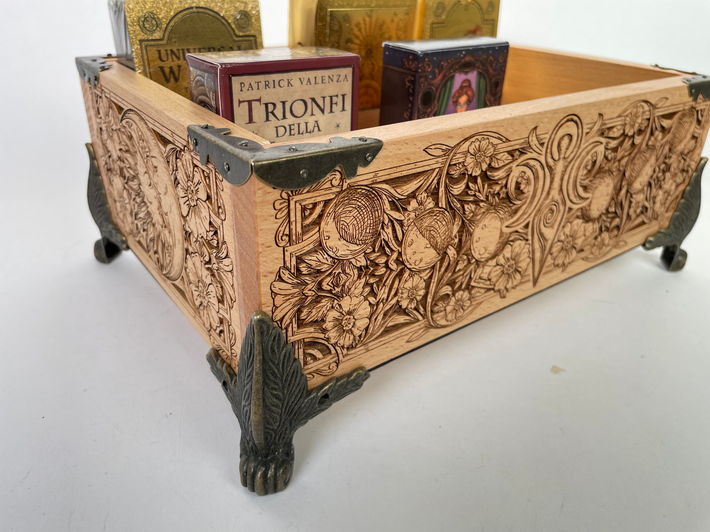 Handmade solid wood multiple deck organizer box with engraved celestial art for Wiccan altar use
