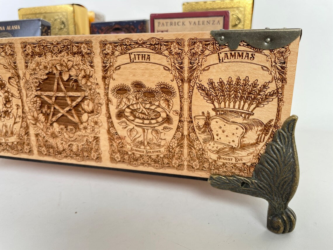 Tarot and Oracle Deck Organizer for multiple decks 12 slots engraved in solid wood with the wheel of the year holder, Ostara, yule, Mabon - Forgotten Engravings