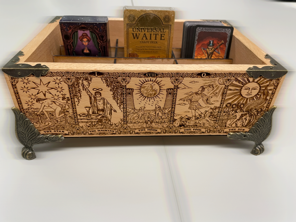 Tarot and oracle deck organizer solid wood box with 12 removable slots engraved with Major Arcana Empress and zodiac symbols
