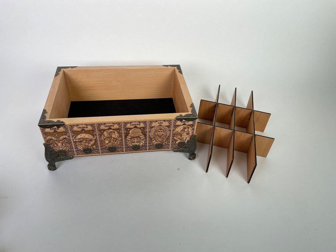 Tarot and Oracle Deck Organizer for multiple decks 12 slots engraved in solid wood with Egyptian book of the dead, tarot deck holder, display - Forgotten Engravings