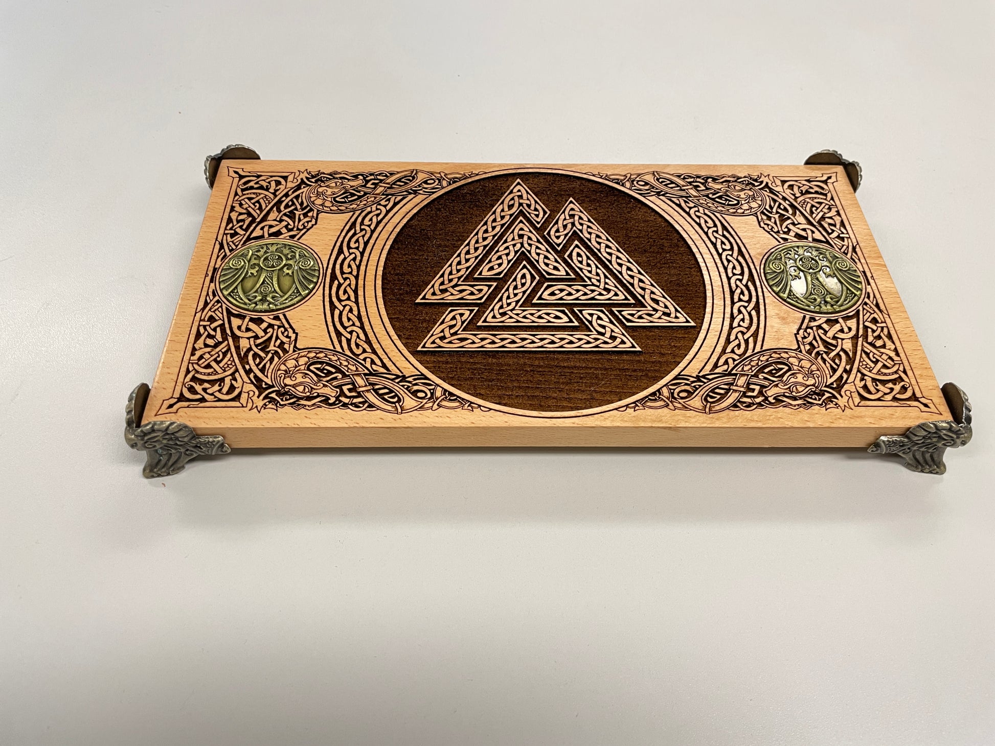 Valknut Nordic altar table with Yggdrasil coins engraved in wood