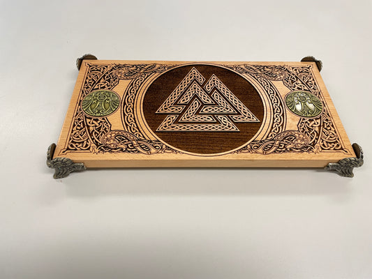 Valknut Nordic altar table with Yggdrasil coins engraved in wood