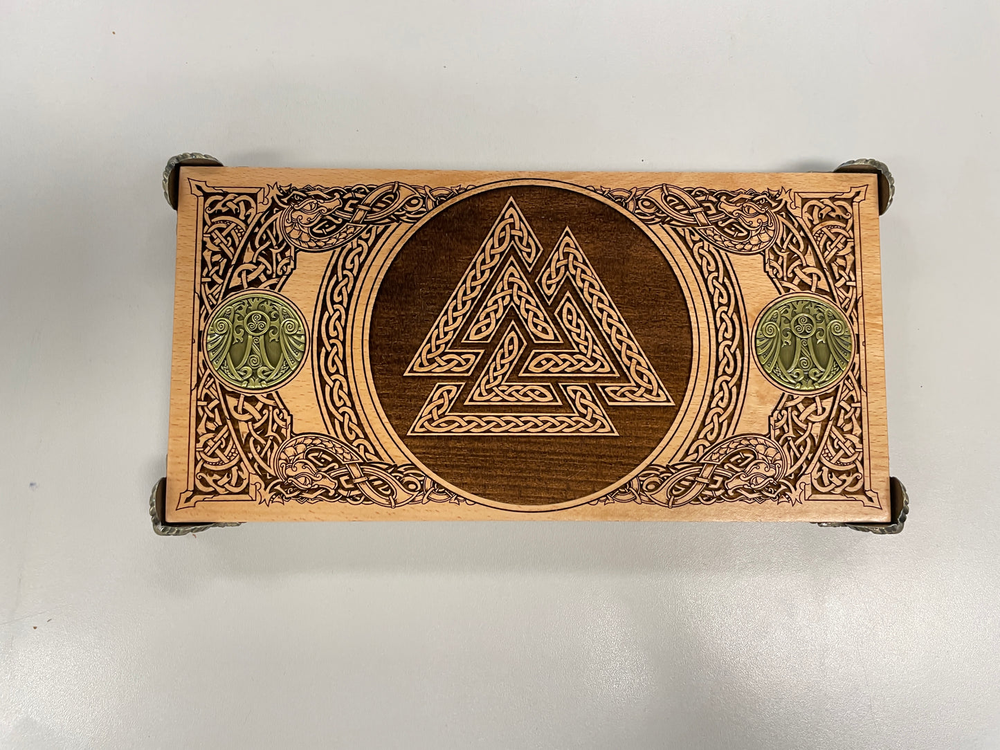 Valknut Nordic altar table with Yggdrasil coins engraved in solid wood