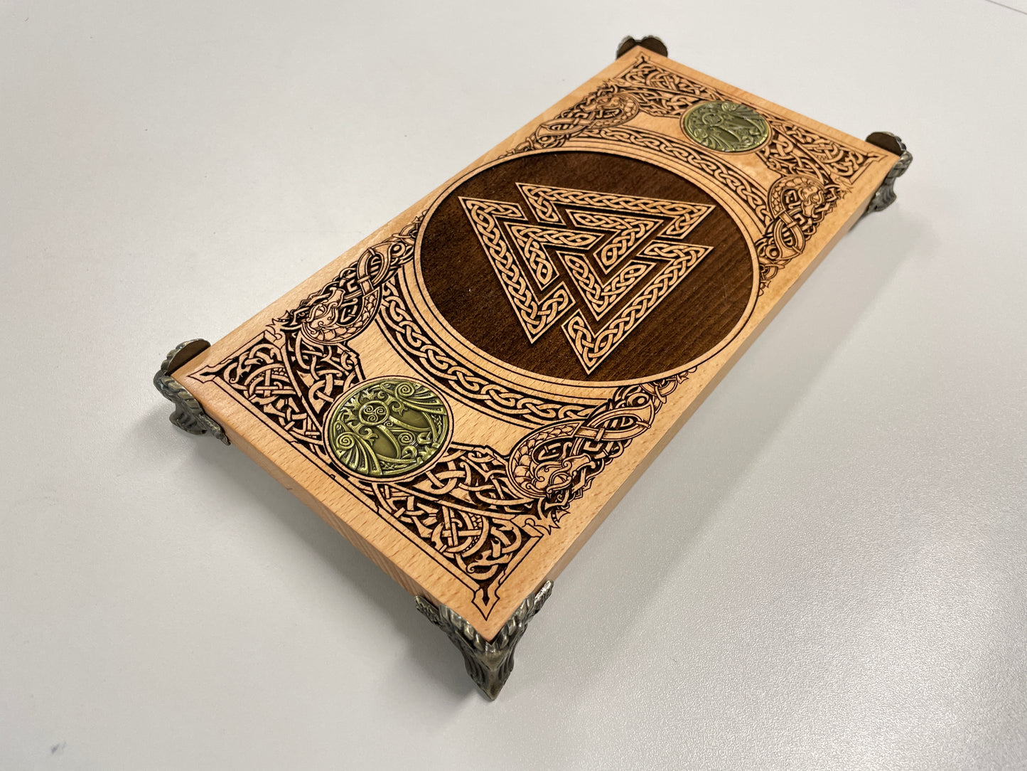 Norse ritual altar board with Odin Valknut symbol engraved in wood