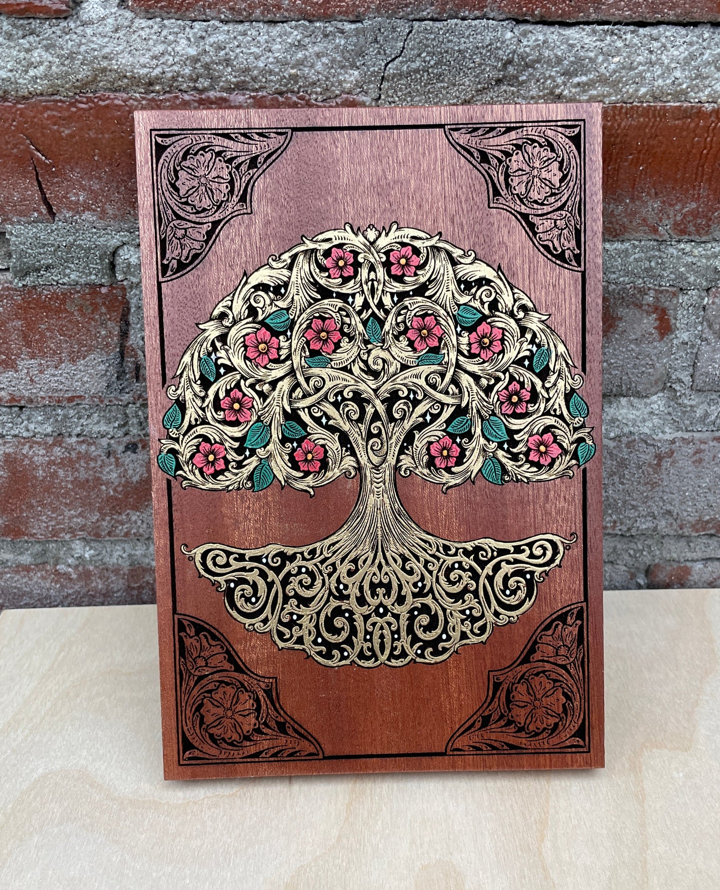 Tree of Life wooden wall art engraved in solid mahogany hand painted Yggdrasil sacred tree decor