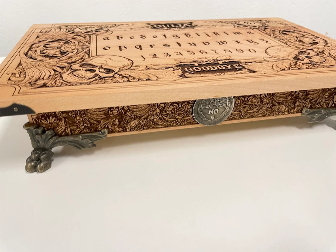 Custom wooden Ouija board set with engraved gothic skull artwork, spirit board combined with storage box, handmade and made to order