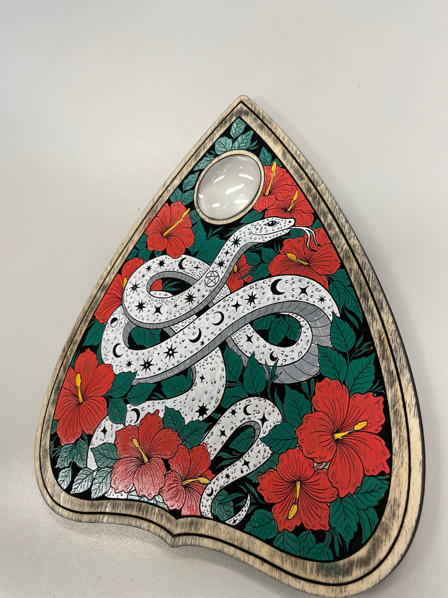 Hand painted celestial snake spirit board wall art with red hibiscus