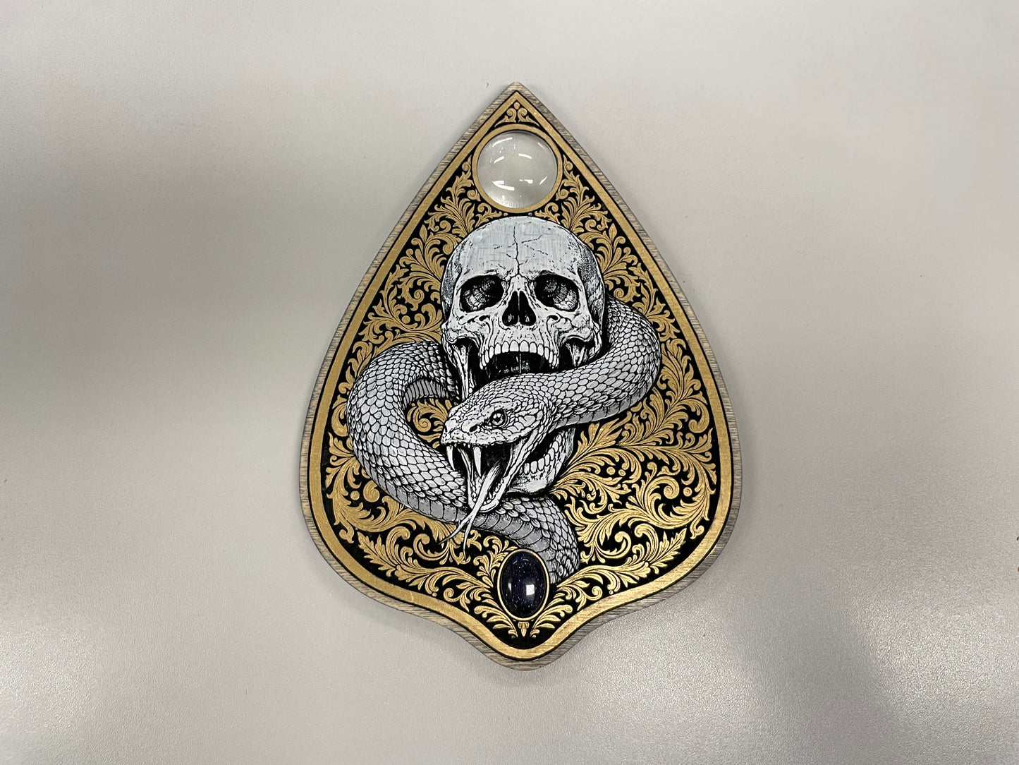Occult skull and serpent engraved wooden ouija board planchette wall art gift idea
