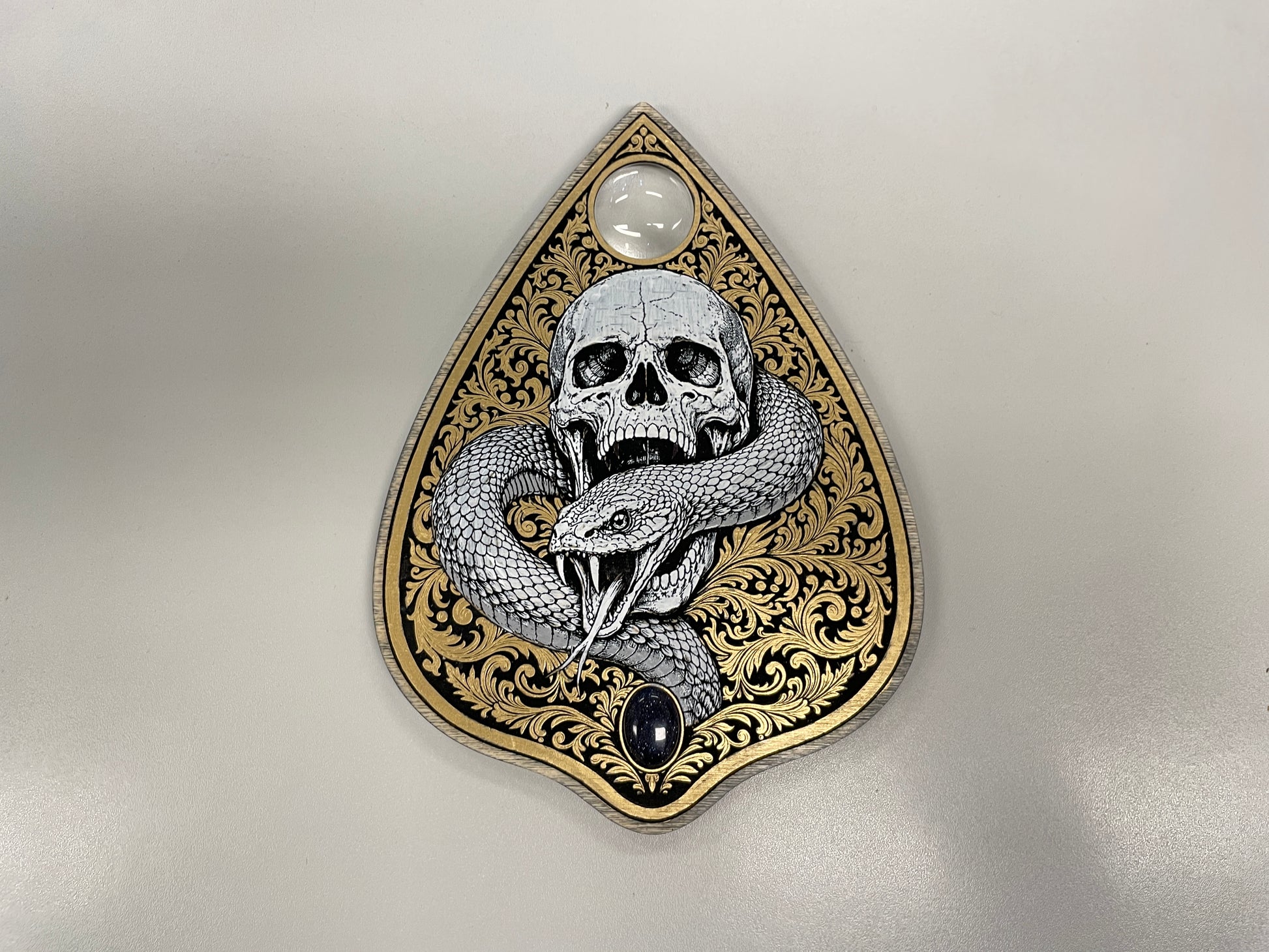 Occult skull and serpent engraved wooden ouija board planchette wall art gift idea