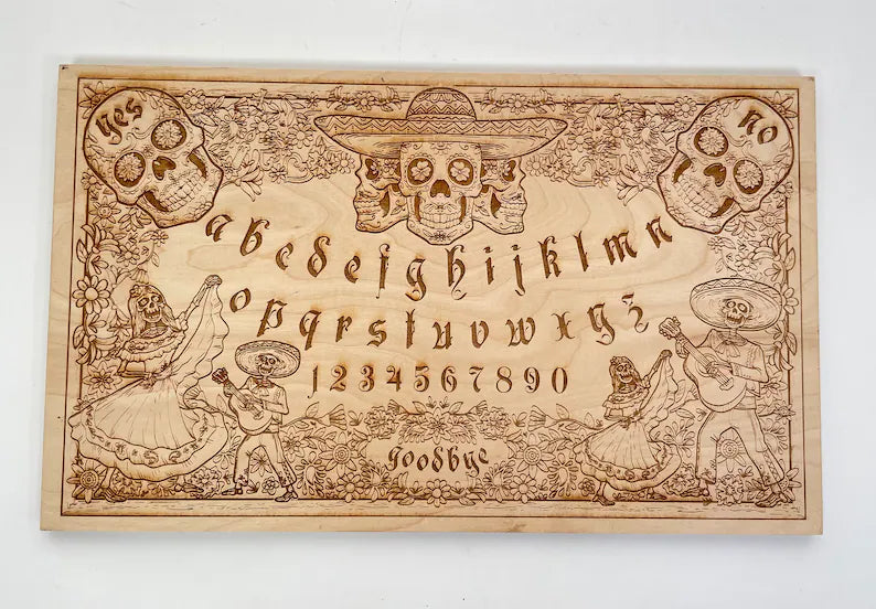 Ouija board, with sugar skull dia de los Muertos theme wooden engraving, wood day of the dead decor spirit board sugar skull design. - Forgotten Engravings ouija-board-with-sugar-skull-dia-de