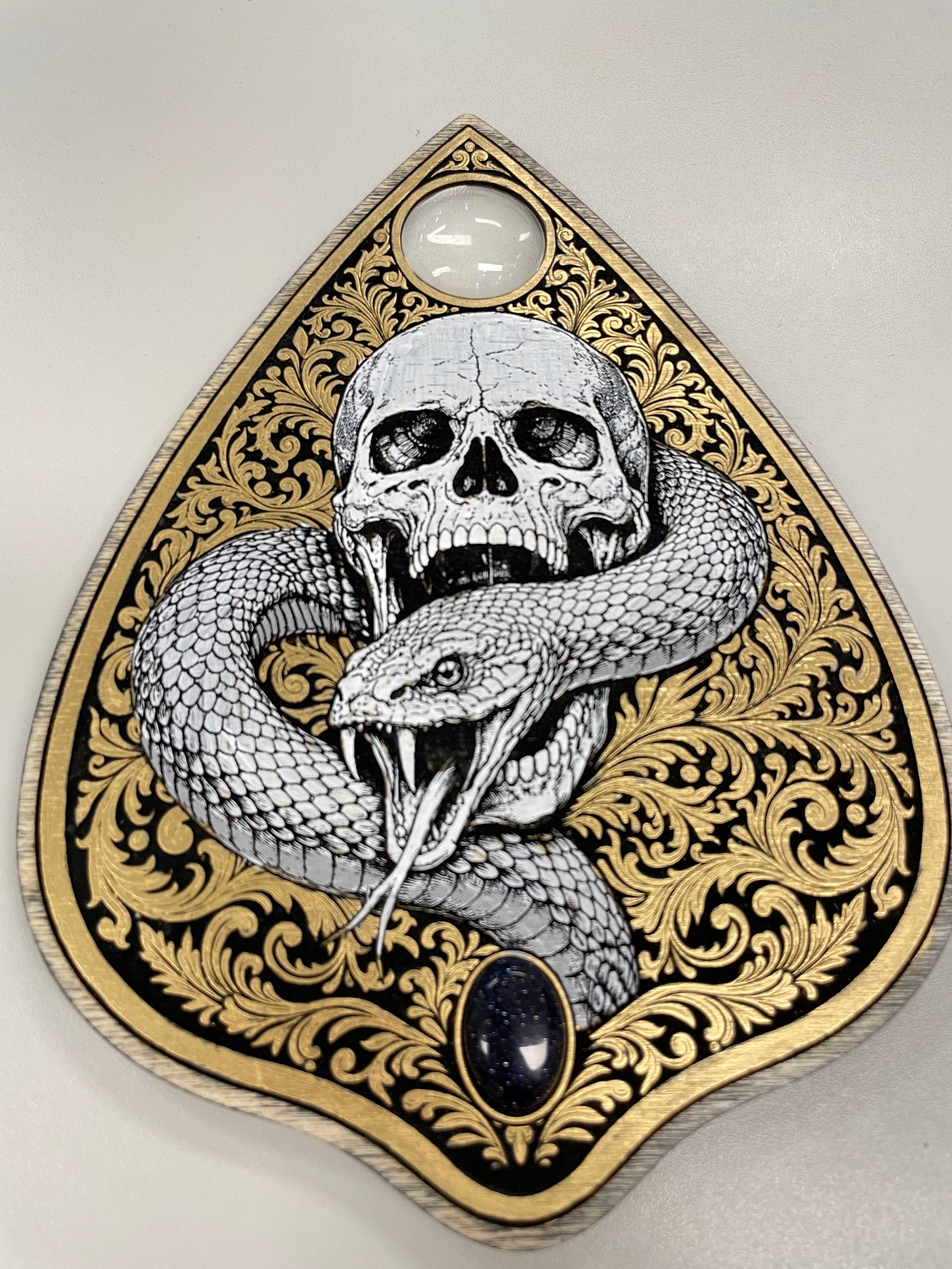 Hand painted gothic spirit board planchette wall decor skull and snake design