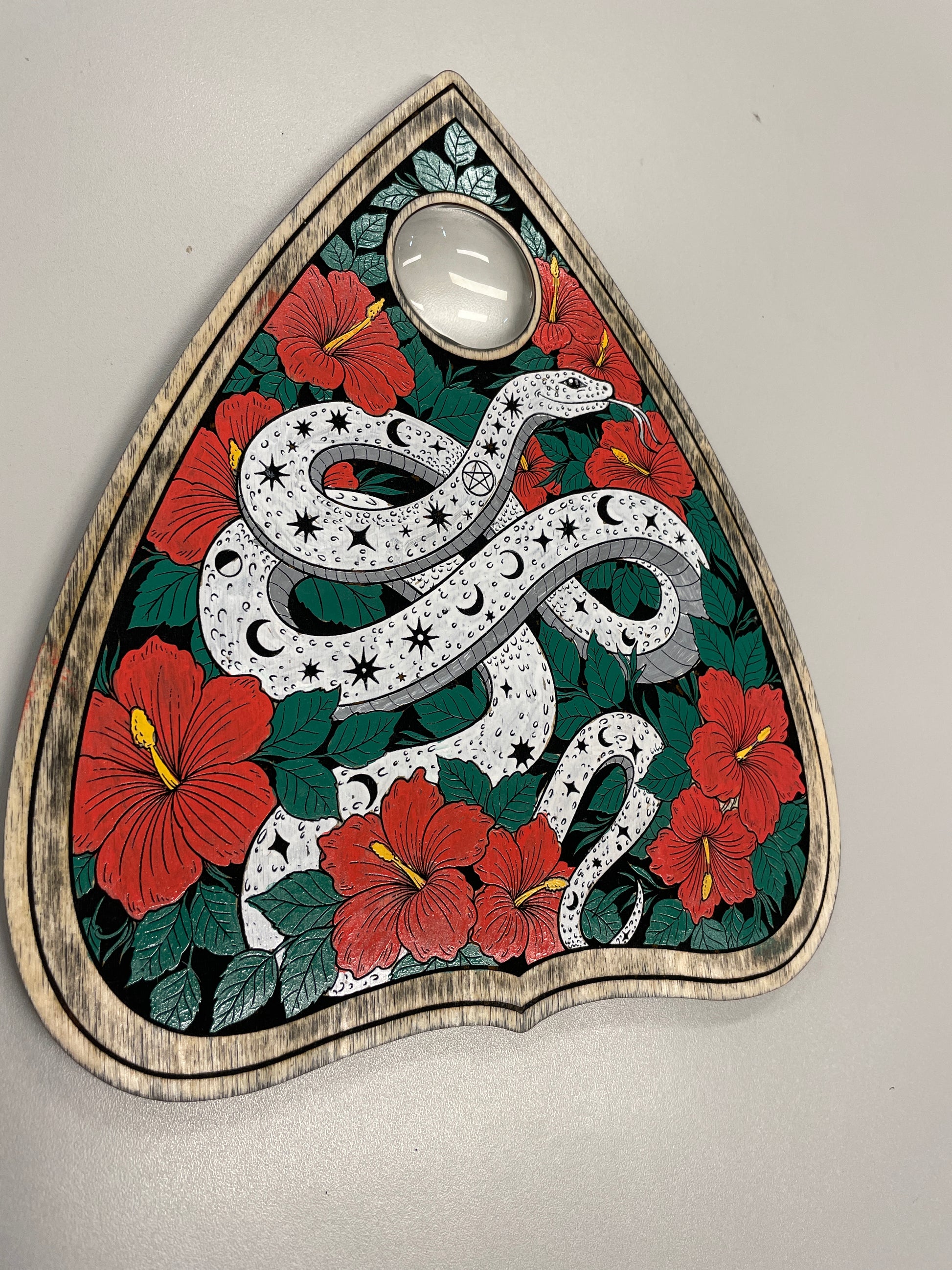 Moon and star serpent Ouija board planchette wooden wall hanging