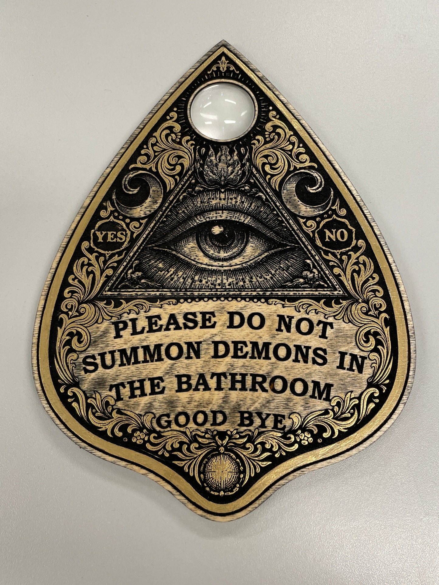 Occult humor Ouija planchette wall art hand engraved wood please do not summon demons in the bathroom