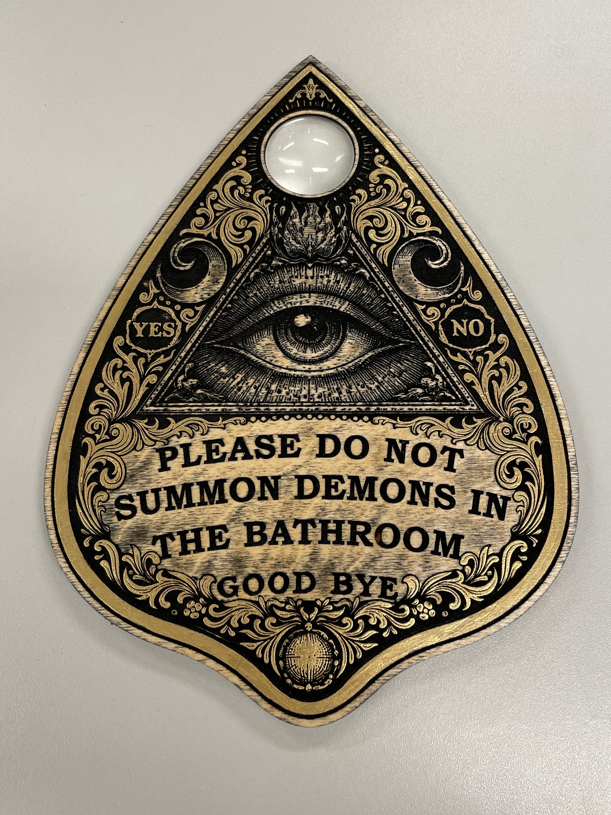 Occult humor Ouija planchette wall art hand engraved wood please do not summon demons in the bathroom