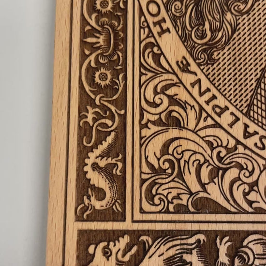 video of Dracula Vlad the Impaler wood wall art engraved gothic medieval portrait on beech wood
