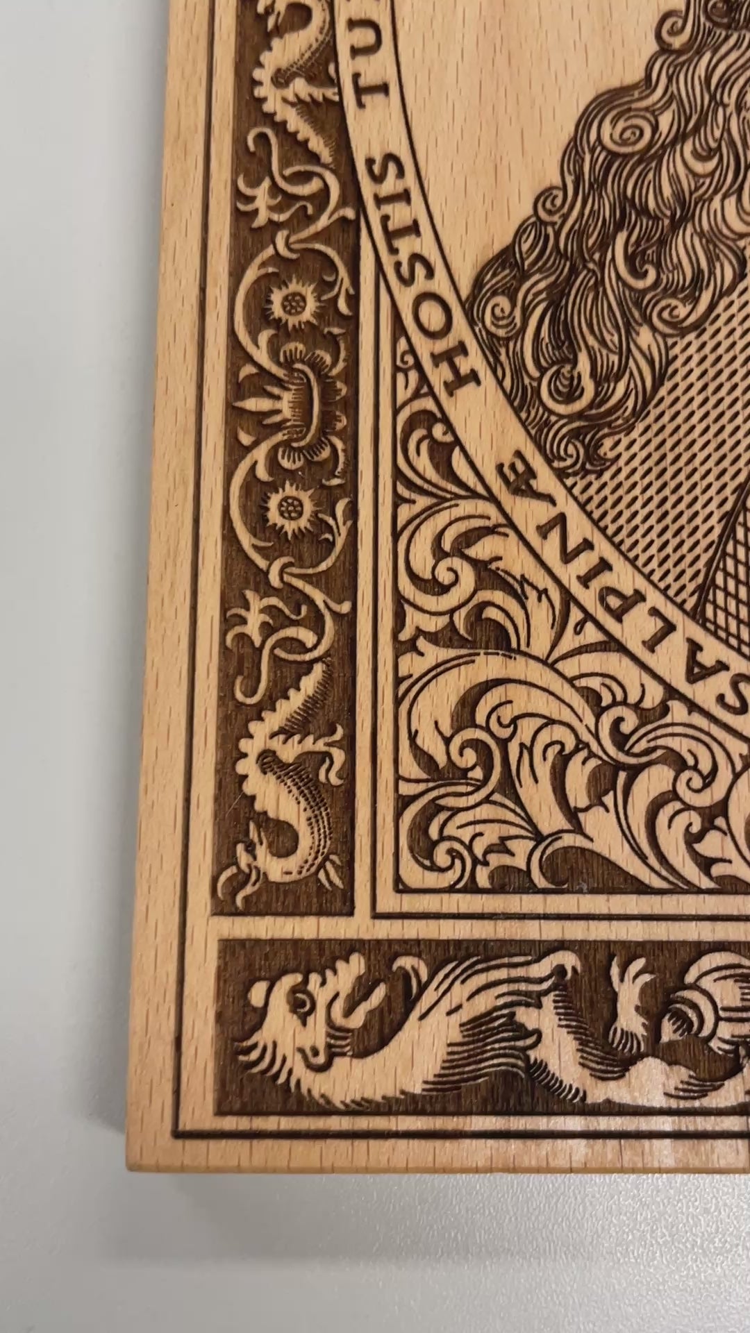 video of Dracula Vlad the Impaler wood wall art engraved gothic medieval portrait on beech wood
