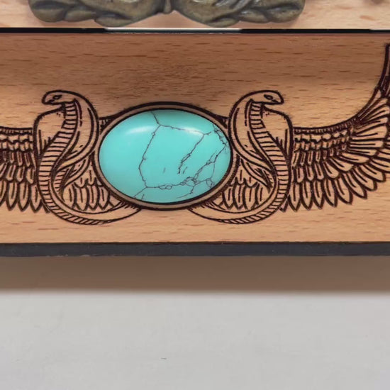 Video of Egyptian altar table with storage engraved solid wood with Bastet and hieroglyphs handmade Netherlands ships to USA
