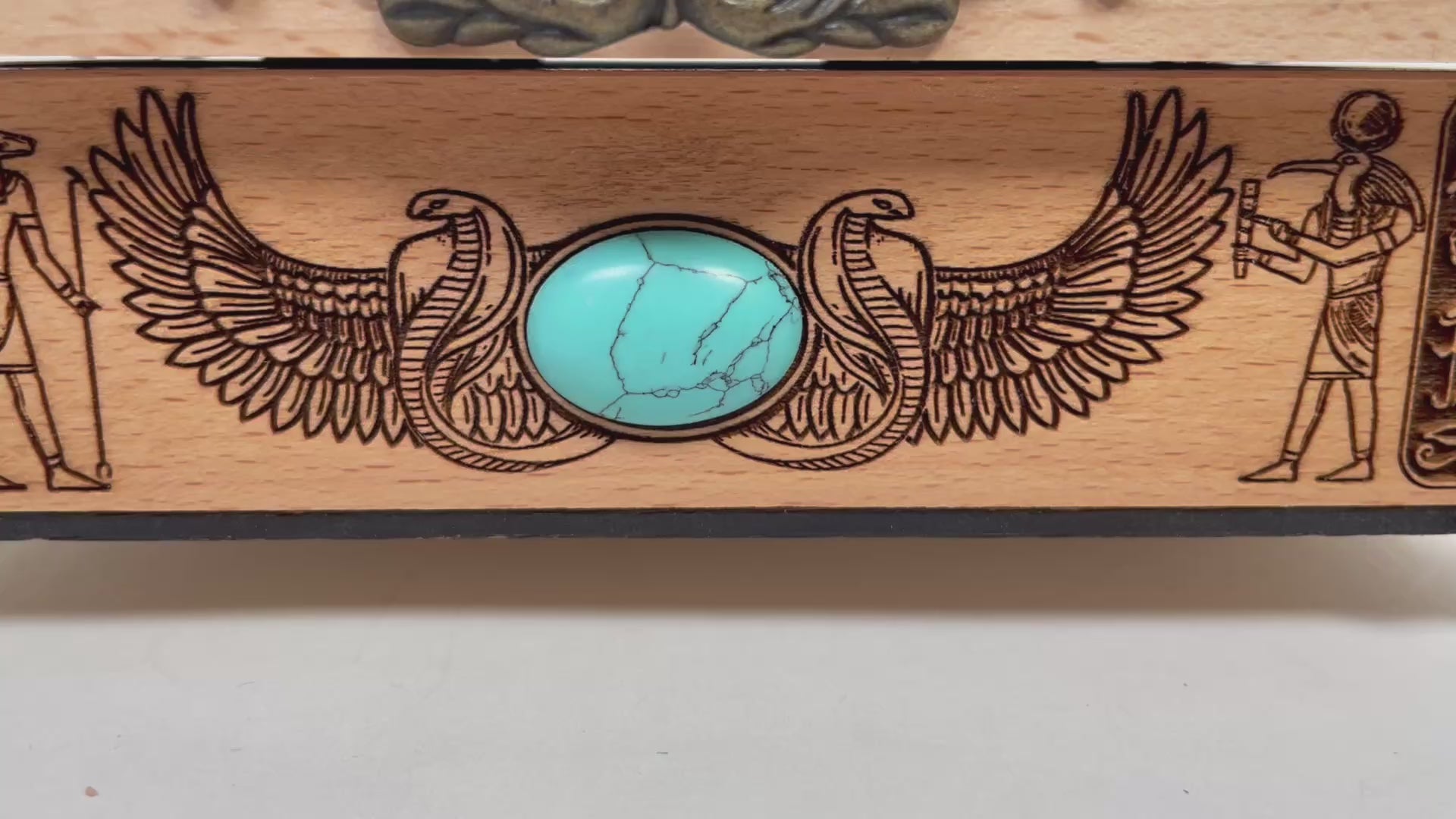 Video of Egyptian altar table with storage engraved solid wood with Bastet and hieroglyphs handmade Netherlands ships to USA
