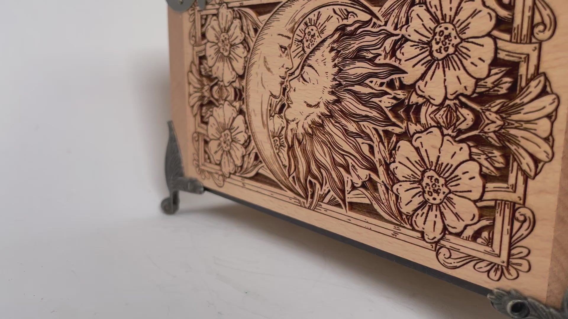 Video of tarot deck storage compartments on wooden organizer box
