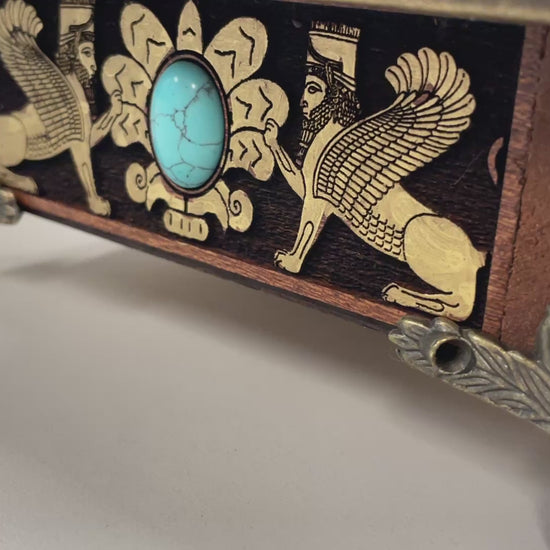 video of Mahogany Zoroastrian altar box engraved with Faravahar and sacred fire symbols, ritual storage chest
