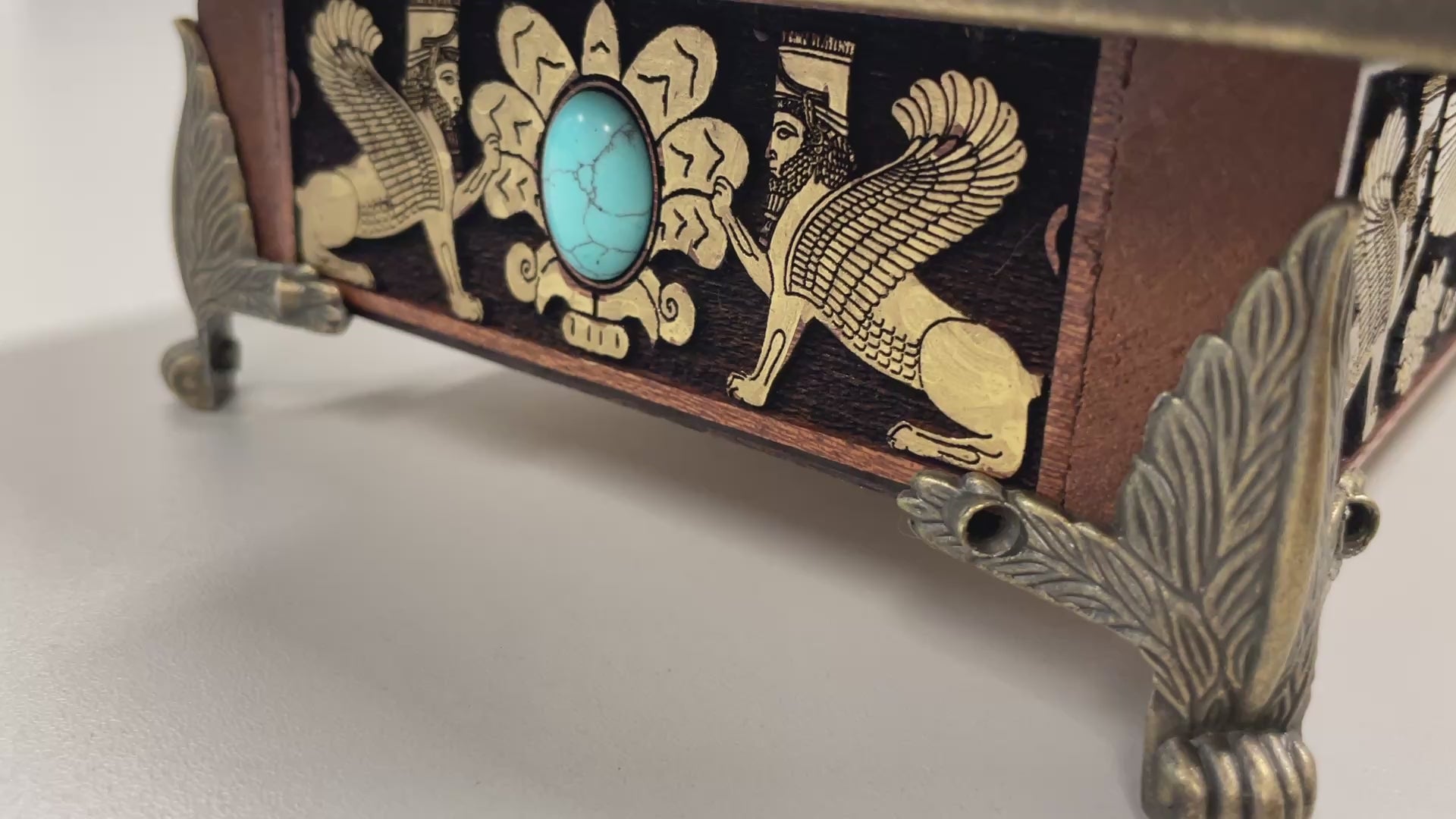 video of Mahogany Zoroastrian altar box engraved with Faravahar and sacred fire symbols, ritual storage chest
