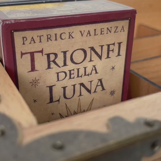 Video of Tarot deck organizer solid wood box with 12 slots engraved Triple Moon Goddess and sun moon celestial motifs
