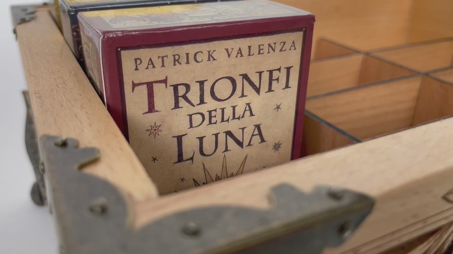 Video of Tarot deck organizer solid wood box with 12 slots engraved Triple Moon Goddess and sun moon celestial motifs
