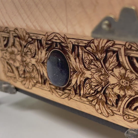 video of Tarot deck holder engraved with Death’s-Head Hawk Moth and As Above So Below on solid wood