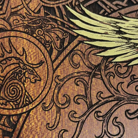 Yggdrasil Nine Realms wall hanging on mahogany wood with gold hand paint handmade Netherlands ships to USA
