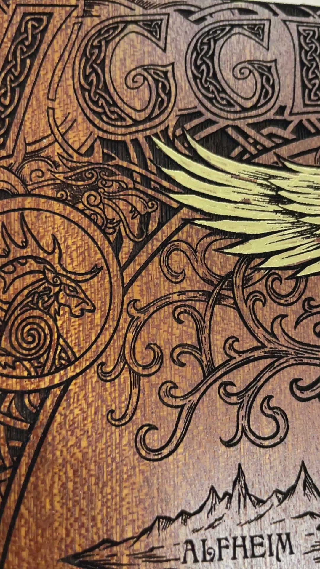 Yggdrasil Nine Realms wall hanging on mahogany wood with gold hand paint handmade Netherlands ships to USA
