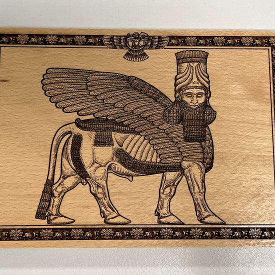 video of Anunnaki Lamassu wall art engraved in solid beech wood ancient Assyrian winged guardian