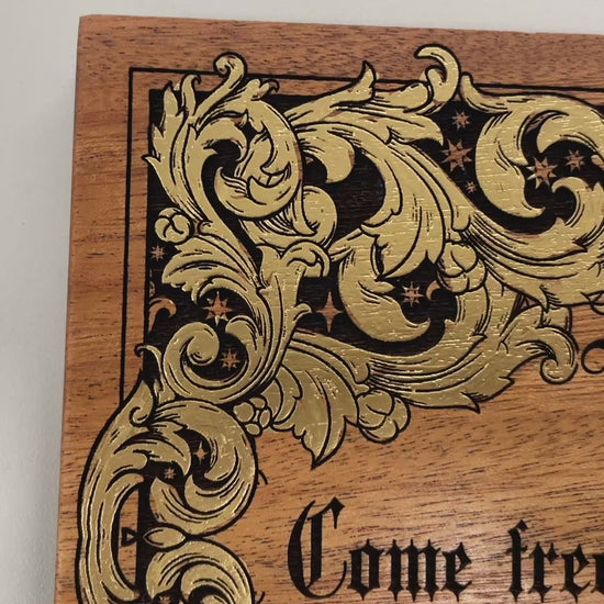 video of Dracula welcome sign engraved in wood with authentic Bram Stoker quote Welcome to my house gothic wall art
