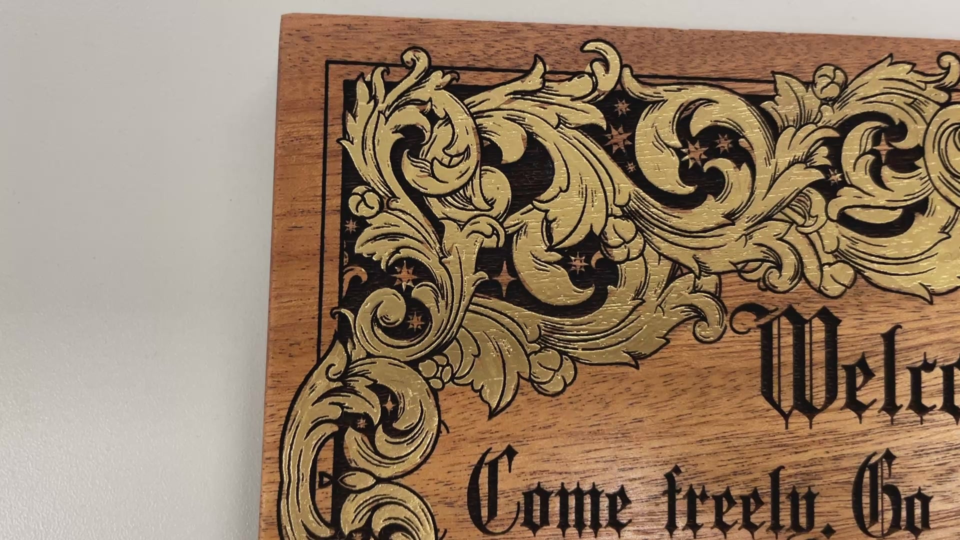 video of Dracula welcome sign engraved in wood with authentic Bram Stoker quote Welcome to my house gothic wall art
