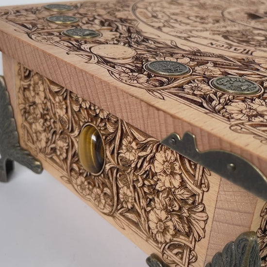 Wheel of the Year Wiccan altar box with storage engraved on solid wood handmade Netherlands ships to USA
