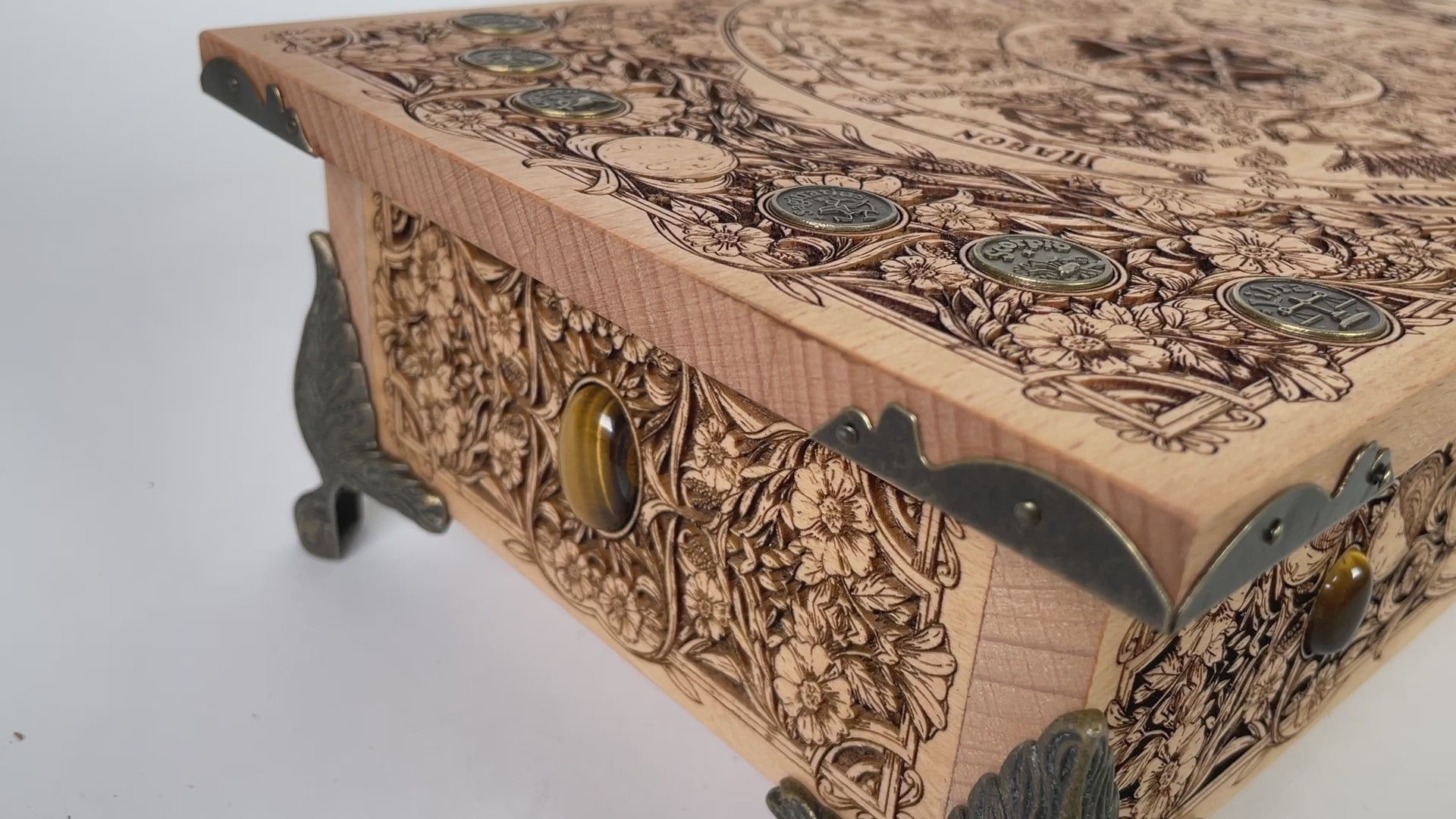 Wheel of the Year Wiccan altar box with storage engraved on solid wood handmade Netherlands ships to USA
