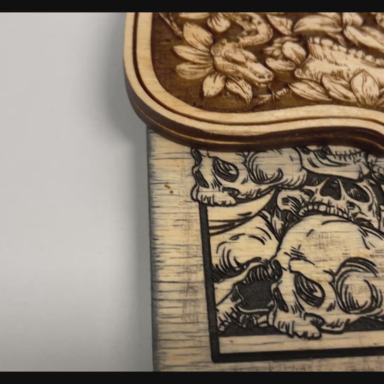 video of Gothic wooden planchette with glass eye lens engraved spirit board pointer