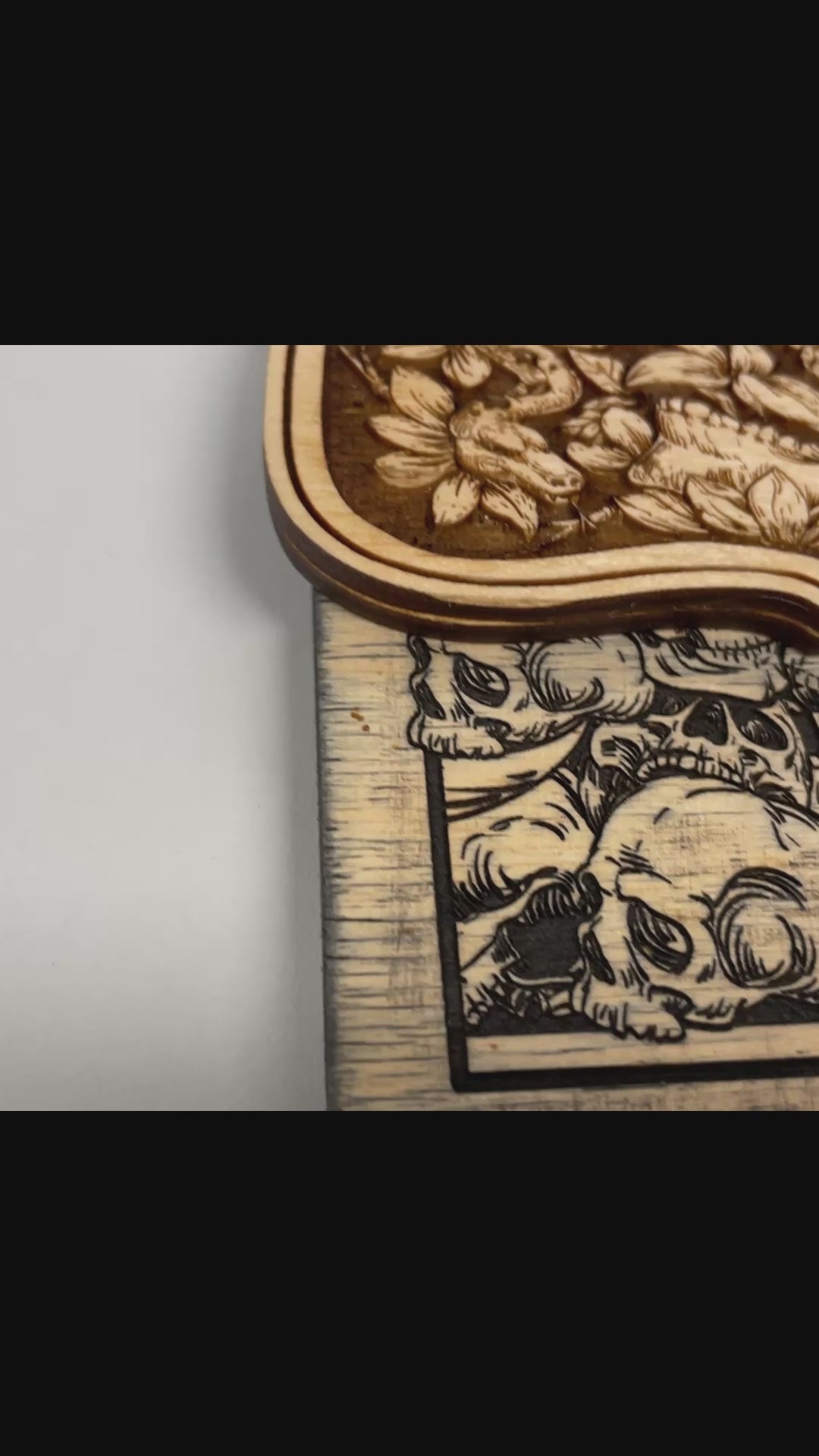 video of Gothic wooden planchette with glass eye lens engraved spirit board pointer