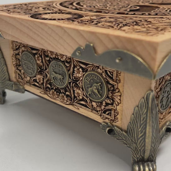 Tree of Life tarot storage box engraved wood with zodiac coin inlays handmade Netherlands ships to USA

