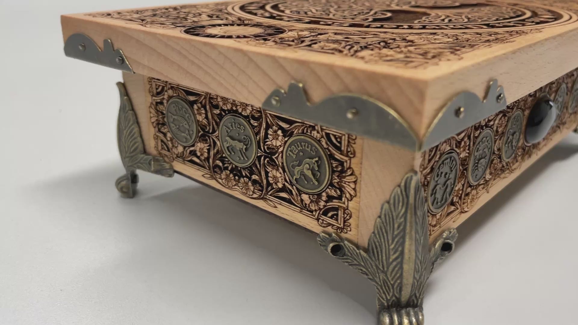 Tree of Life tarot storage box engraved wood with zodiac coin inlays handmade Netherlands ships to USA
