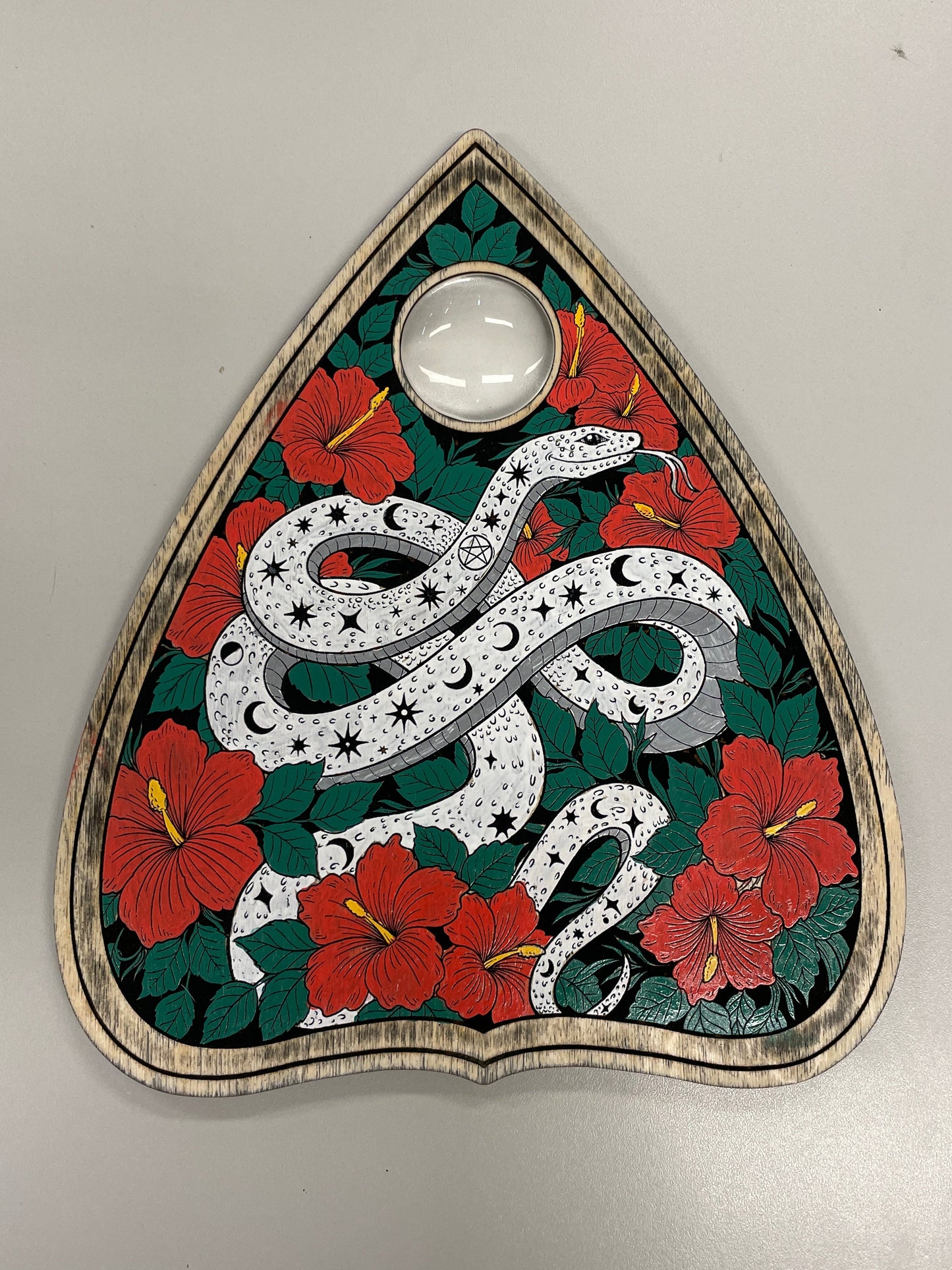 Celestial snake Ouija planchette wall art hand painted spirit board decor with hibiscus flowers