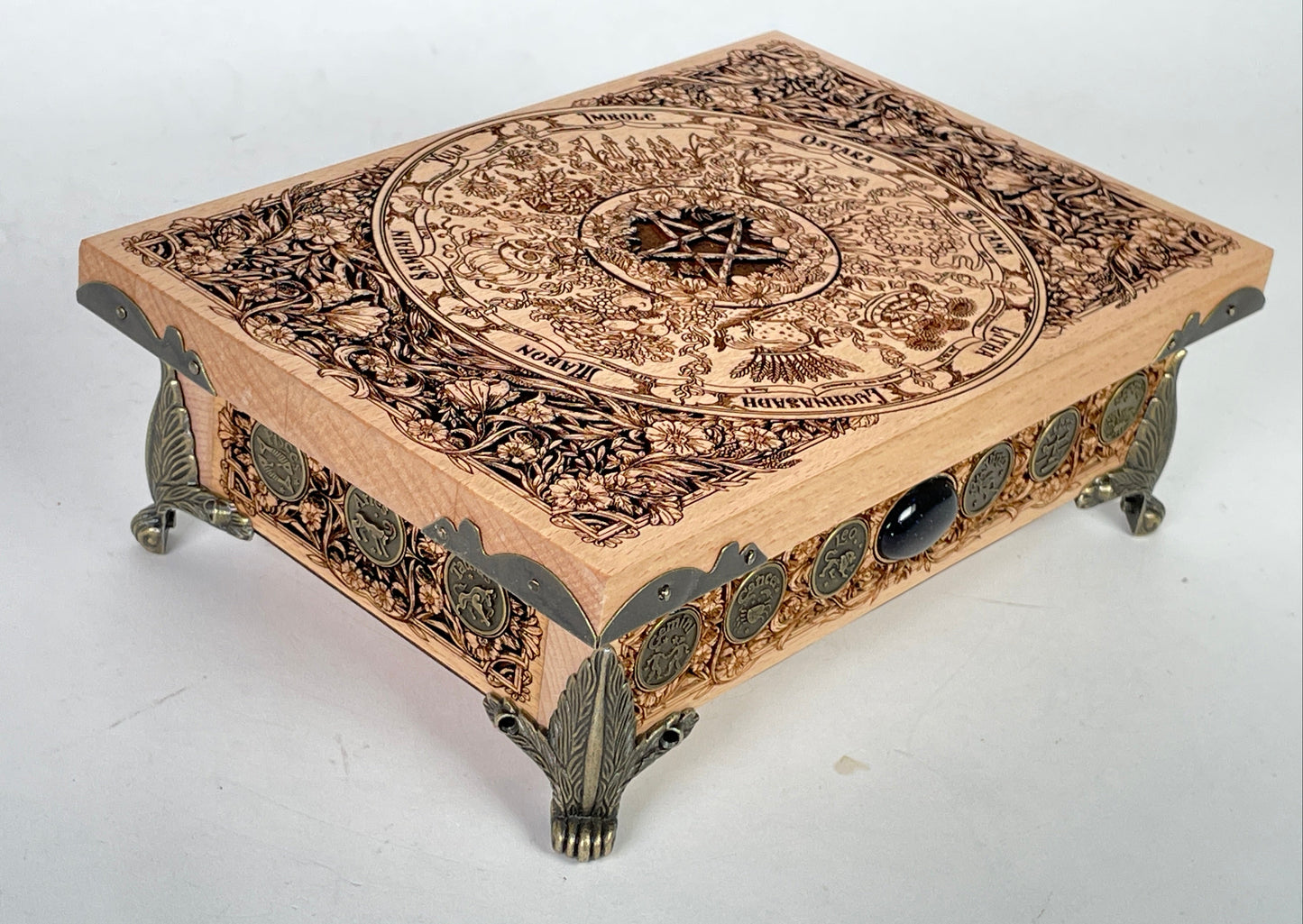 Wheel of the Year Wiccan altar table with storage engraved on solid wood handmade Netherlands ships to USA
