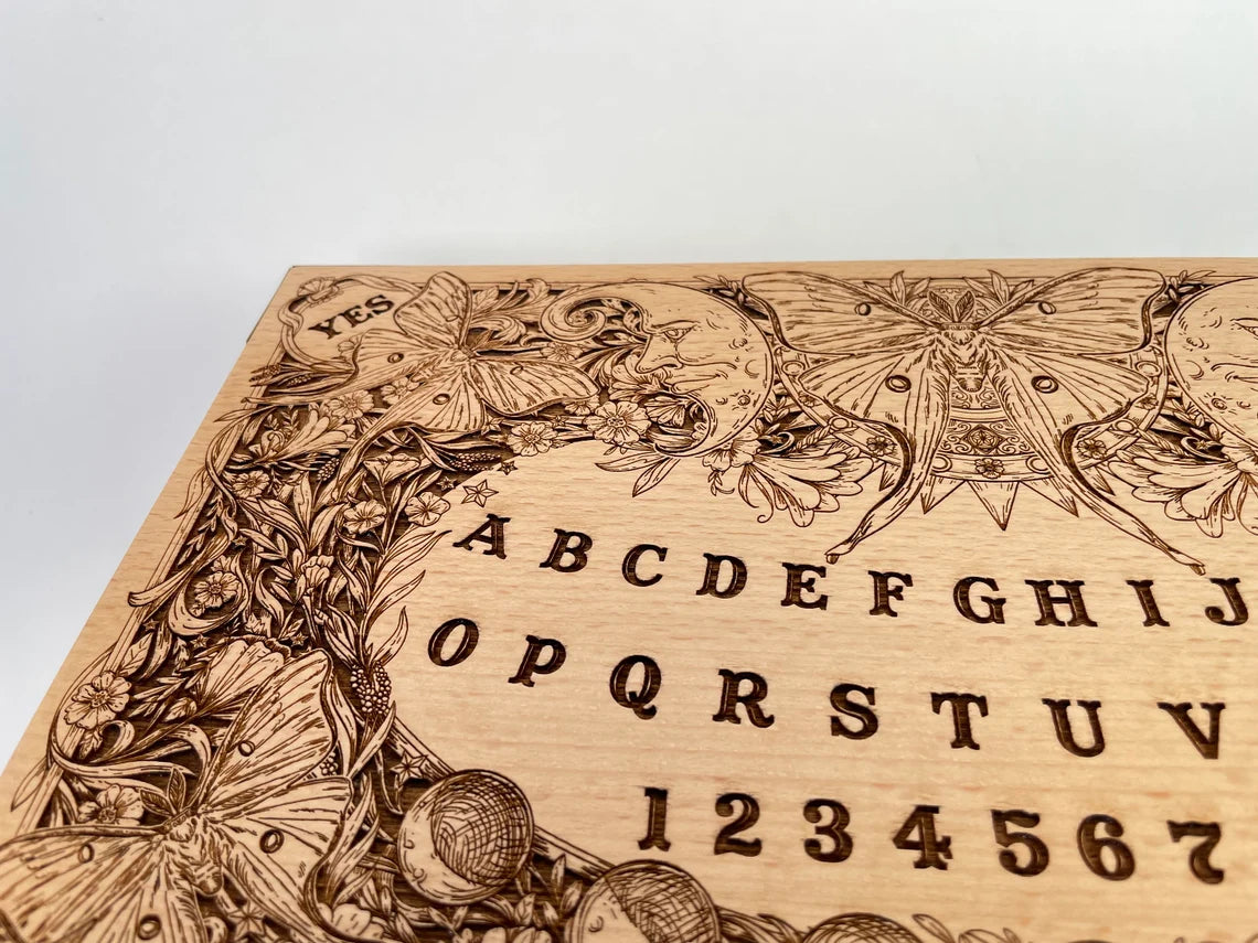 Ouija board wooden box engraved spirit board wiccan with flowers tarot storage for multiple decks, Luna moth and moon phases.