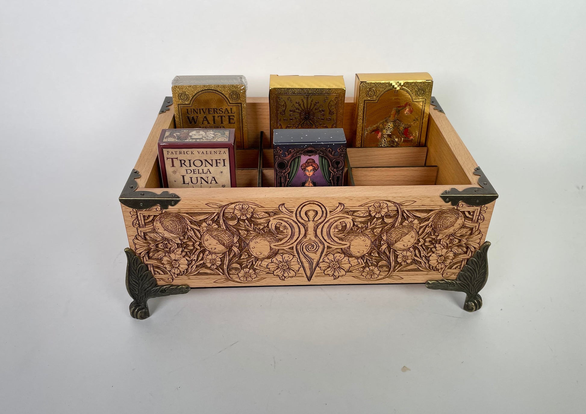 Tarot deck organizer solid wood box with 12 slots engraved Triple Moon Goddess and sun moon celestial motifs
