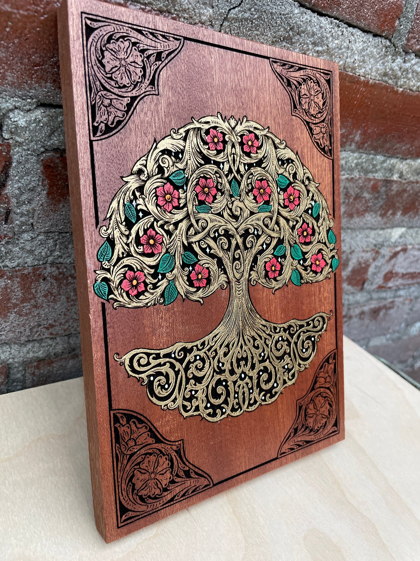Yggdrasil Tree of Life wall art hand painted mahogany wood Norse mythology decor