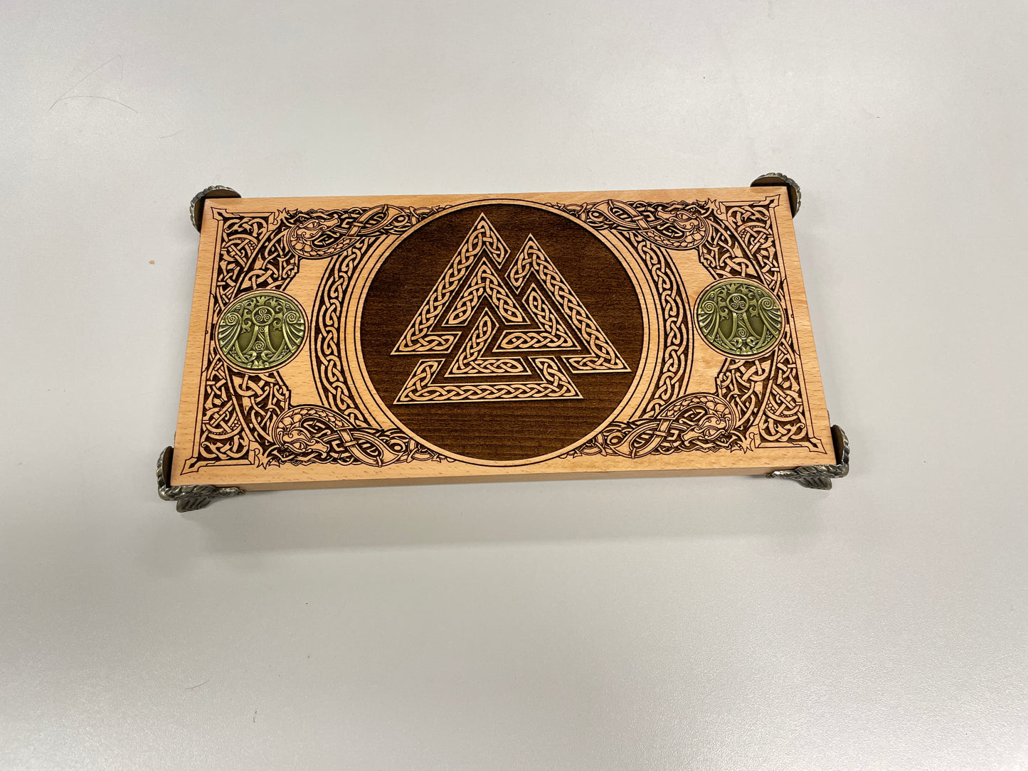 Viking altar table with knotwork and Yggdrasil medallions
