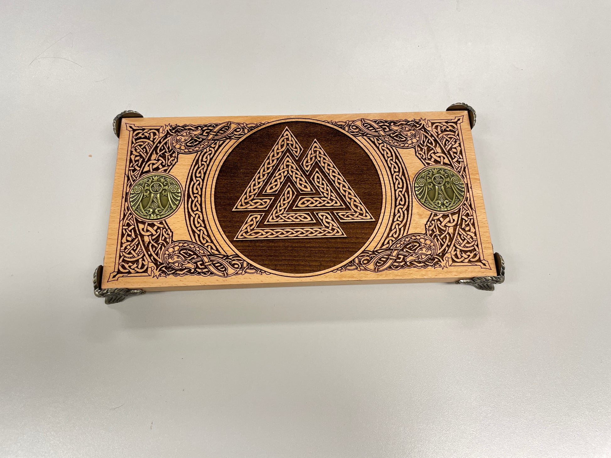 Viking altar table with knotwork and Yggdrasil medallions